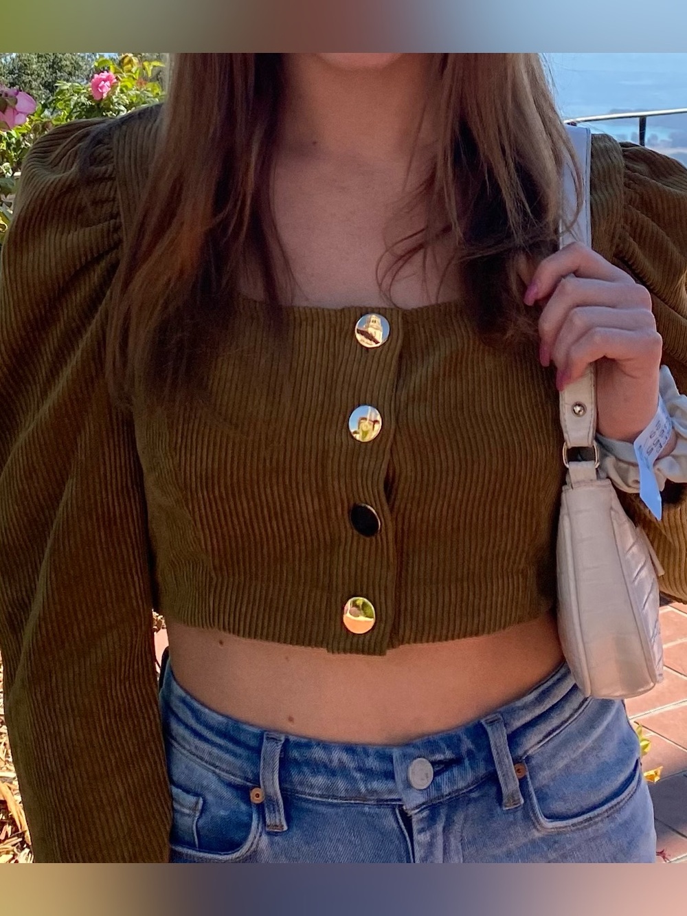 ZARA Corduroy Puff Sleeve Crop Top Button Front Mustard Medium Pre-owned